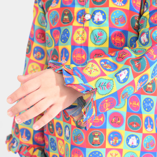 Girls Poly Net Printed 2Pcs Color Blocks Ind-Multi