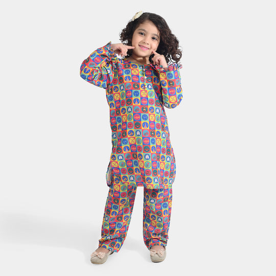 Girls Poly Net Printed 2Pcs Color Blocks Ind-Multi