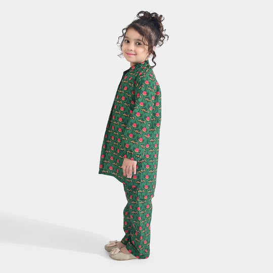 Girls Poly Net Printed 2Pcs Truck Flower Ind-GREEN