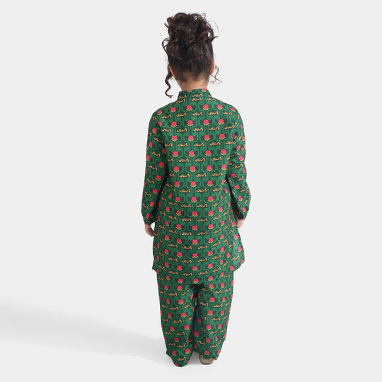 Girls Poly Net Printed 2Pcs Truck Flower Ind-GREEN