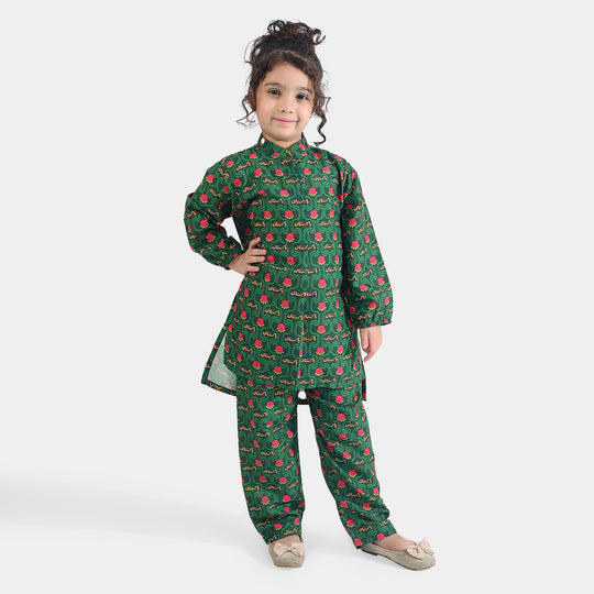 Girls Poly Net Printed 2Pcs Truck Flower Ind-GREEN