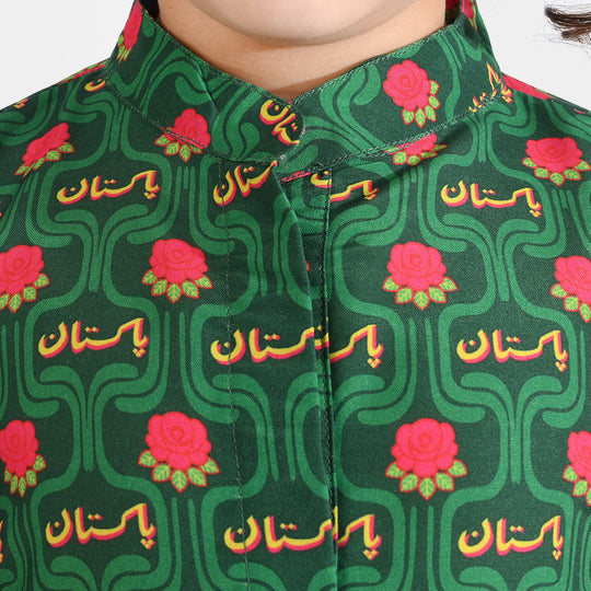 Girls Poly Net Printed 2Pcs Truck Flower Ind-GREEN