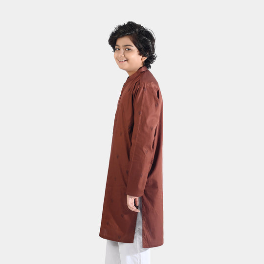 Boys Cotton Poplin Printed Kurta (Fudge Sickle)-BROWN