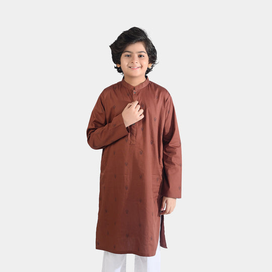 Boys Cotton Poplin Printed Kurta (Fudge Sickle)-BROWN