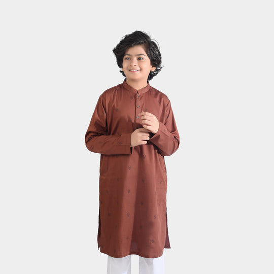 Boys Cotton Poplin Printed Kurta (Fudge Sickle)-BROWN