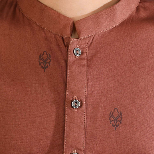 Boys Cotton Poplin Printed Kurta (Fudge Sickle)-BROWN