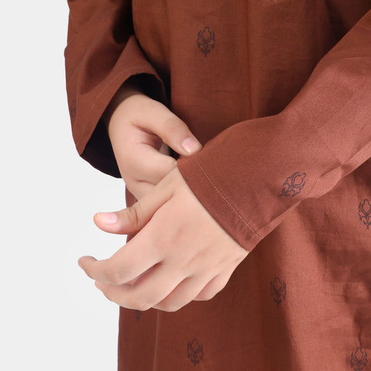 Boys Cotton Poplin Printed Kurta (Fudge Sickle)-BROWN