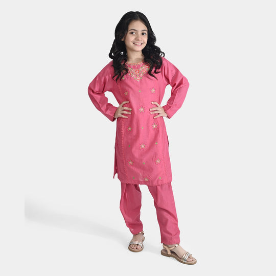 Girls Cotton Emb 2Pcs Petal-Pink