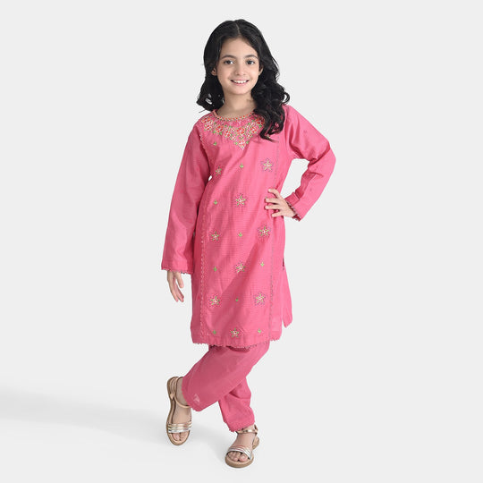Girls Cotton Emb 2Pcs Petal-Pink