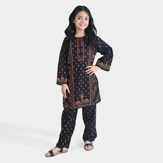 Girls Cotton Poplin Printed 2Pcs Abstract-BLACK