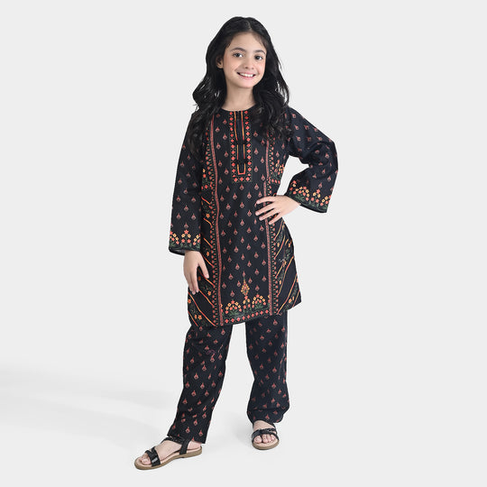 Girls Cotton Poplin Printed 2Pcs Abstract-BLACK