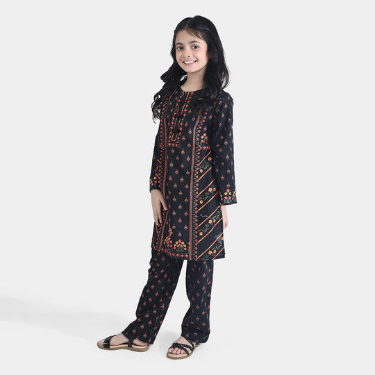 Girls Cotton Poplin Printed 2Pcs Abstract-BLACK