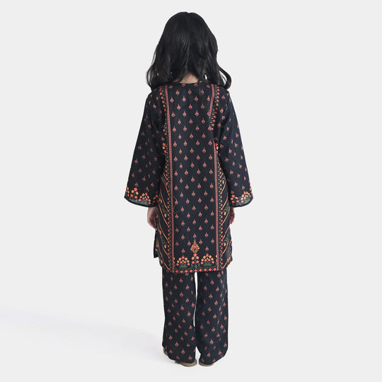Girls Cotton Poplin Printed 2Pcs Abstract-BLACK