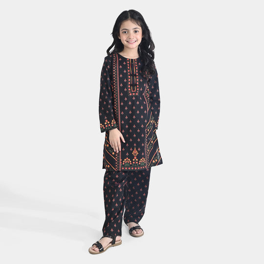 Girls Cotton Poplin Printed 2Pcs Abstract-BLACK