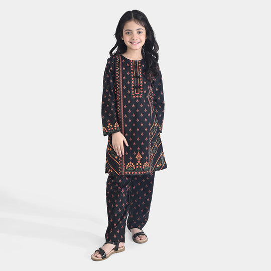 Girls Cotton Poplin Printed 2Pcs Abstract-BLACK