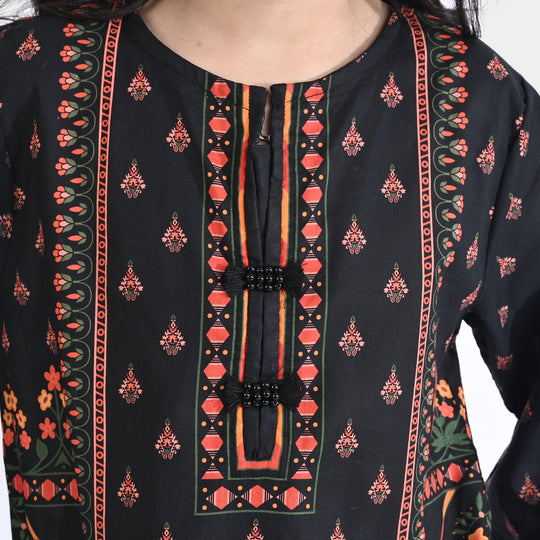 Girls Cotton Poplin Printed 2Pcs Abstract-BLACK