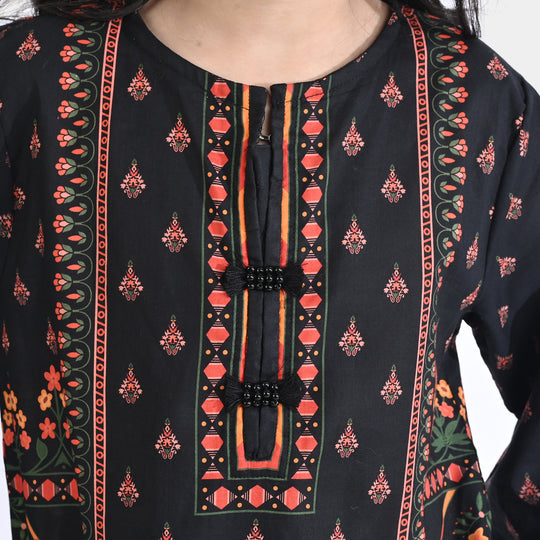 Girls Cotton Poplin Printed 2Pcs Abstract-BLACK