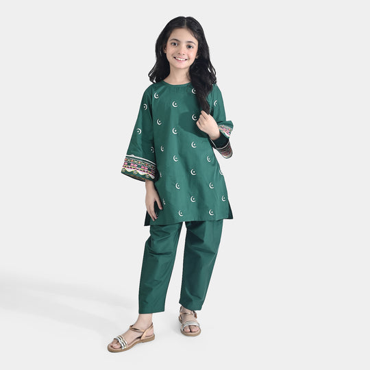 Girls Ind Emb 2Pcs Chand Sitara-GREEN Cotton Poplin