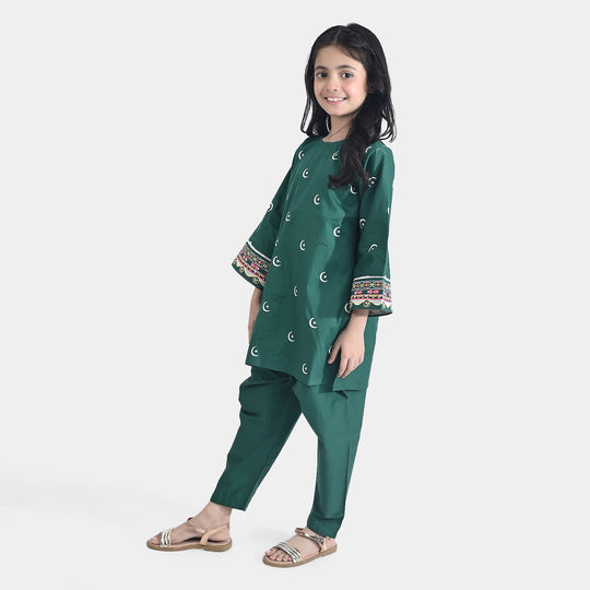 Girls Ind Emb 2Pcs Chand Sitara-GREEN Cotton Poplin