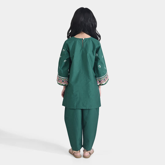 Girls Ind Emb 2Pcs Chand Sitara-GREEN Cotton Poplin