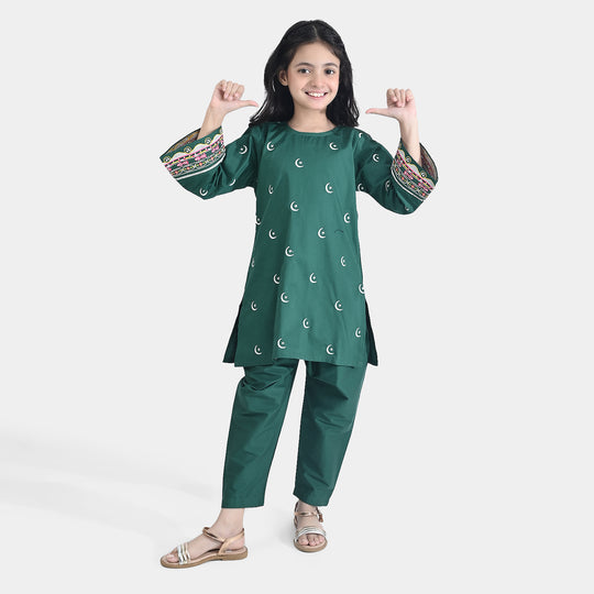 Girls Ind Emb 2Pcs Chand Sitara-GREEN Cotton Poplin