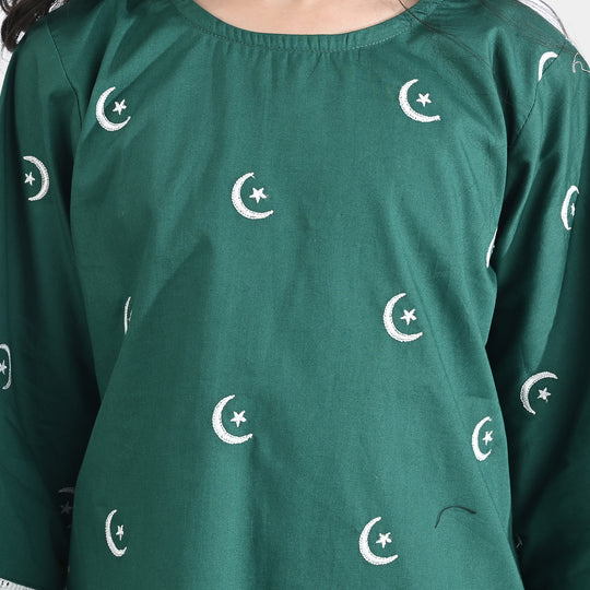 Girls Ind Emb 2Pcs Chand Sitara-GREEN Cotton Poplin