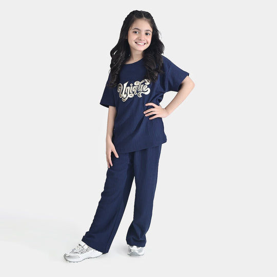 Girls Poly Crinkle 2 Piece Suit Unique-Navy Blue