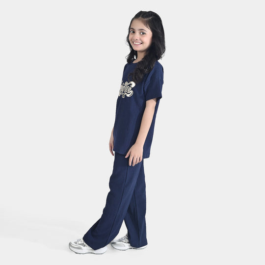 Girls Poly Crinkle 2 Piece Suit Unique-Navy Blue