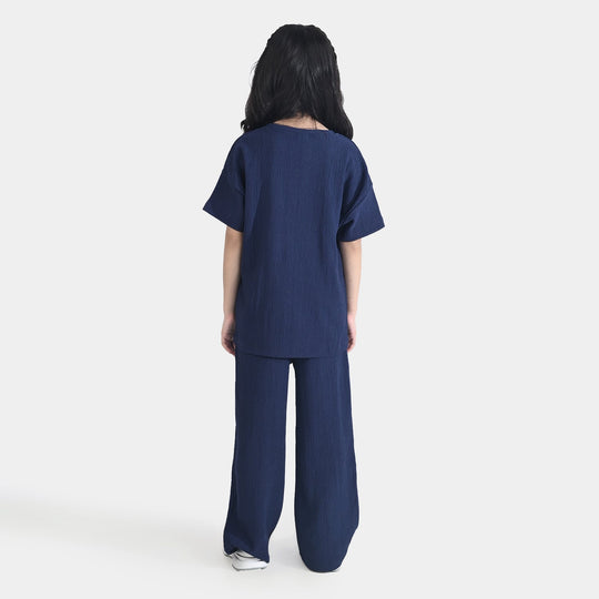 Girls Poly Crinkle 2 Piece Suit Unique-Navy Blue