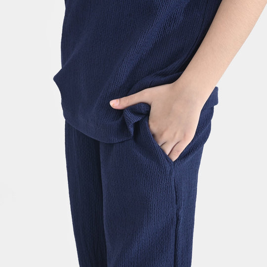 Girls Poly Crinkle 2 Piece Suit Unique-Navy Blue