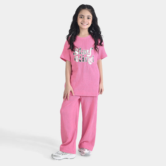 Girls Poly Crinkle 2 Piece Suit Smile All Day Long-Hot Pink