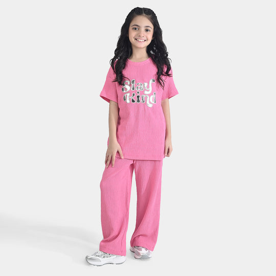 Girls Poly Crinkle 2 Piece Suit Smile All Day Long-Hot Pink