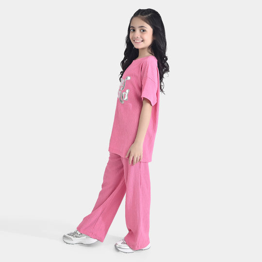 Girls Poly Crinkle 2 Piece Suit Smile All Day Long-Hot Pink