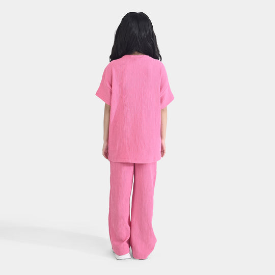 Girls Poly Crinkle 2 Piece Suit Smile All Day Long-Hot Pink