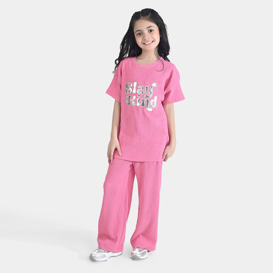 Girls Poly Crinkle 2 Piece Suit Smile All Day Long-Hot Pink