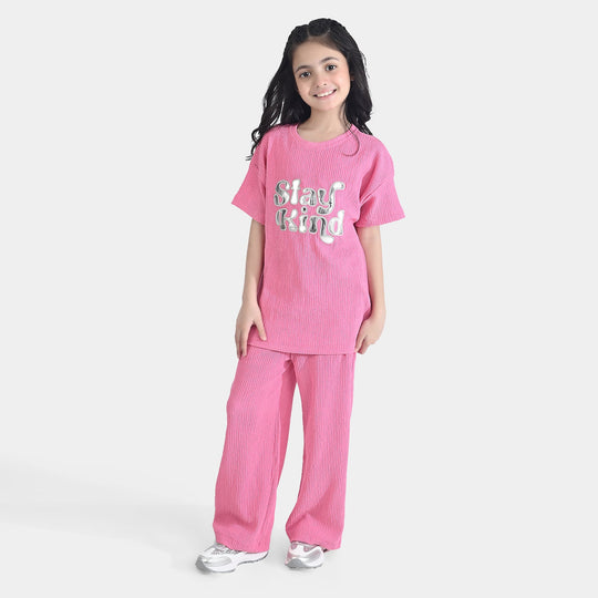 Girls Poly Crinkle 2 Piece Suit Smile All Day Long-Hot Pink