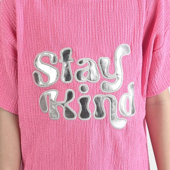 Girls Poly Crinkle 2 Piece Suit Smile All Day Long-Hot Pink