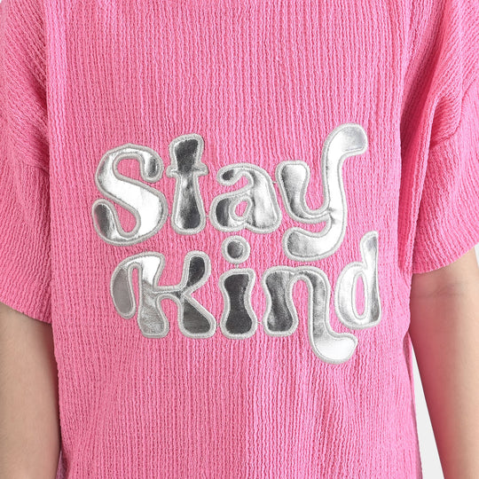 Girls Poly Crinkle 2 Piece Suit Smile All Day Long-Hot Pink