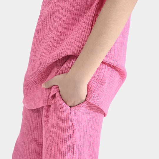 Girls Poly Crinkle 2 Piece Suit Smile All Day Long-Hot Pink