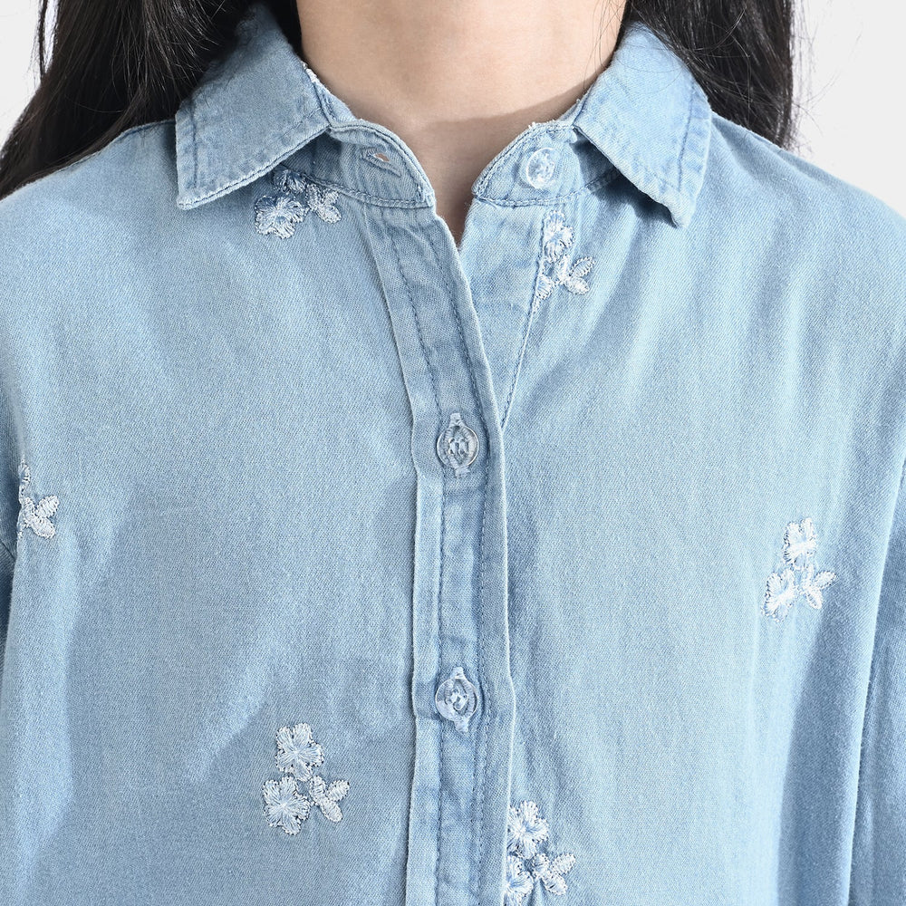 Girls Tensile Denim (Light Denim) Emb Top-Ice Blue