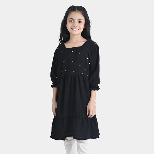Girls Poly Mesh Casual Frock Monochrome-BLACK