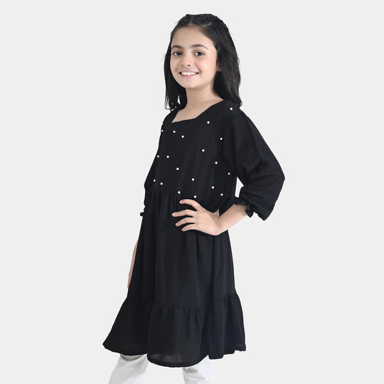 Girls Poly Mesh Casual Frock Monochrome-BLACK