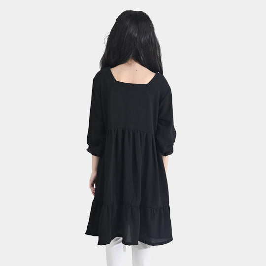 Girls Poly Mesh Casual Frock Monochrome-BLACK
