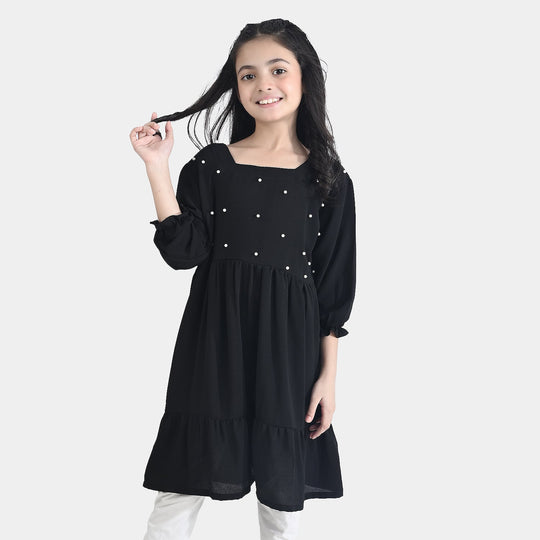 Girls Poly Mesh Casual Frock Monochrome-BLACK