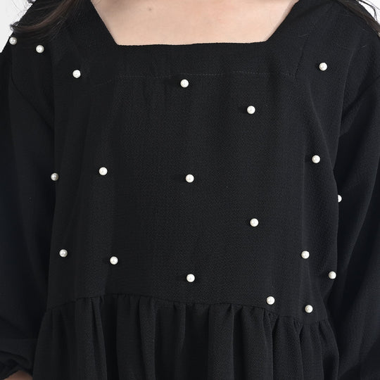 Girls Poly Mesh Casual Frock Monochrome-BLACK