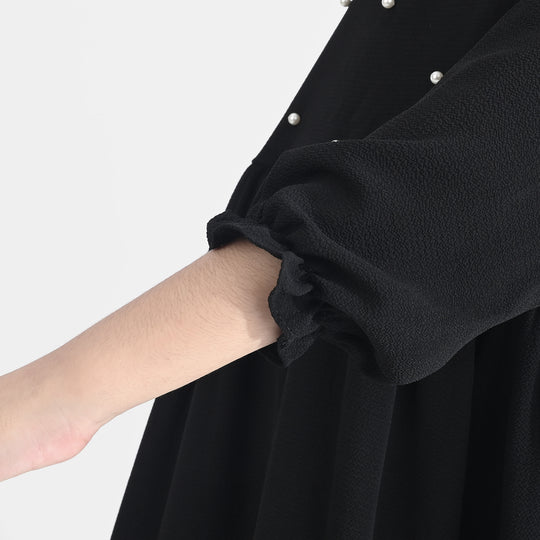 Girls Poly Mesh Casual Frock Monochrome-BLACK