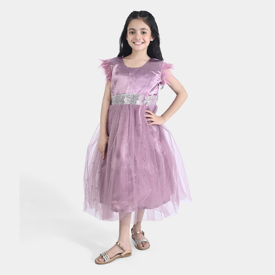 Girls Net Fancy Frock Feather Pearls-PURPLE