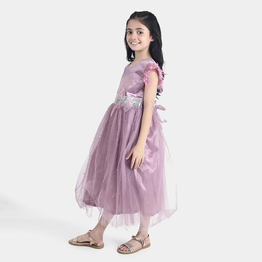 Girls Net Fancy Frock Feather Pearls-PURPLE