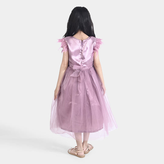 Girls Net Fancy Frock Feather Pearls-PURPLE