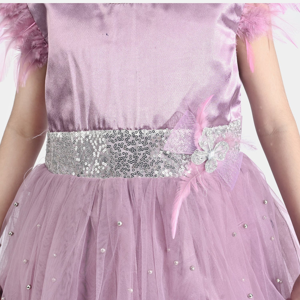 Girls Net Fancy Frock Feather Pearls-PURPLE